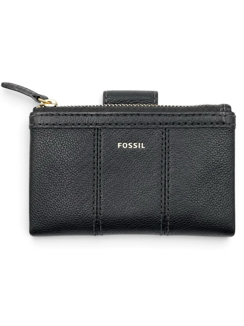 Fossil Ella Black Pebbled Leather Bifold Wallet Zip Coin Pocket Compact Clutch